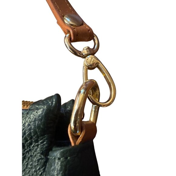 Valentina Italy Leather Shoulder Bag Green Tan Strap Gold Logo Zip Purse - Picture 16 of 16